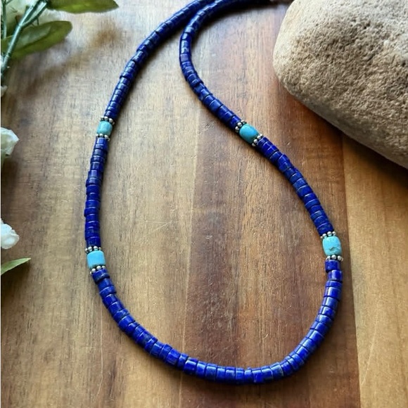 Sterling Silver Heishi Lapis Turquoise Bead Necklace. 18 inch. Gift - Picture 7 of 12